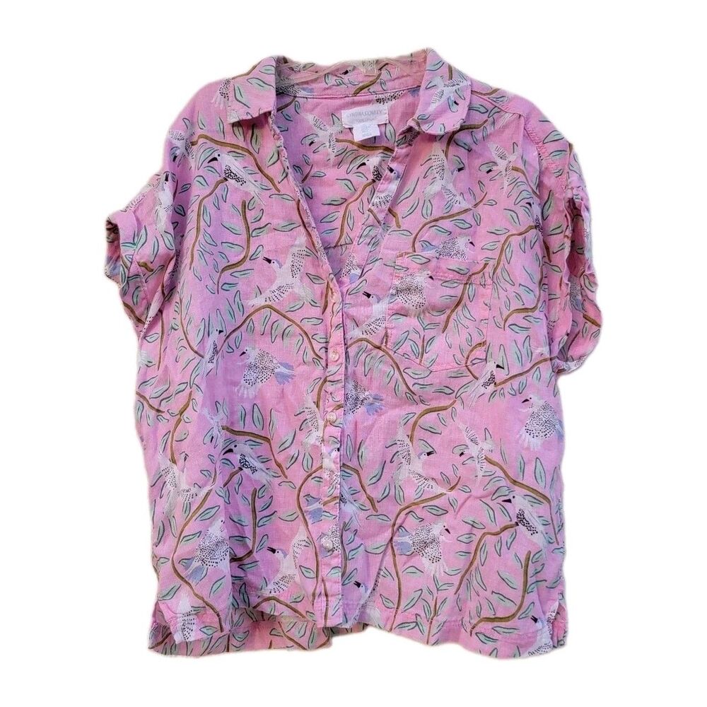 Cynthia Rowley linen bird print button Up top Wmns Sz Large Blouse Coastal Boxy